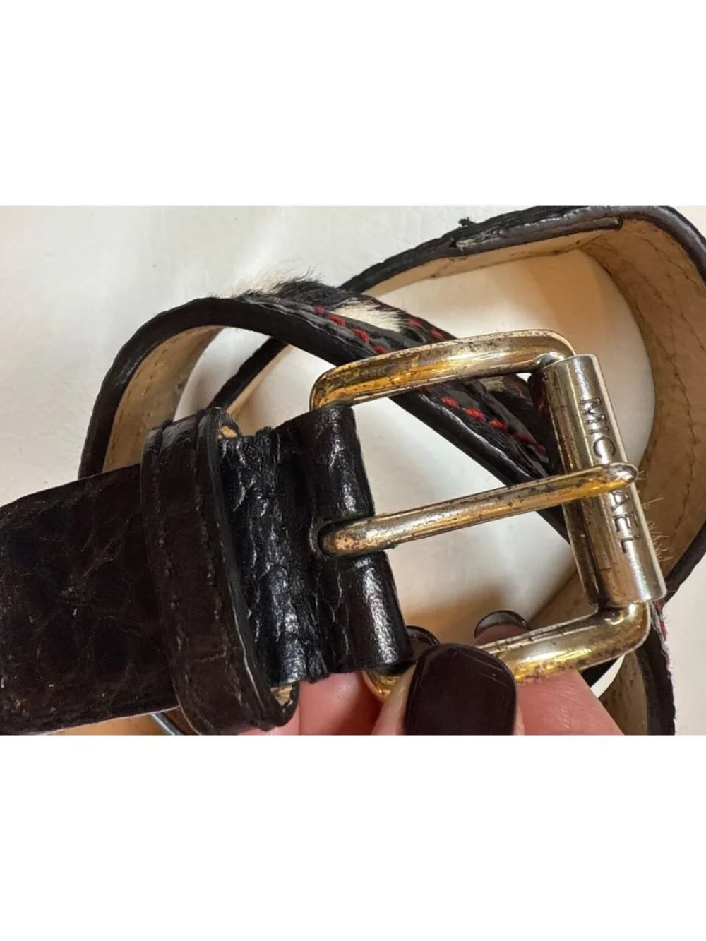 Michael Kors vintage Genuine Leather Black Belt womens Medium W/Faux Hair Design